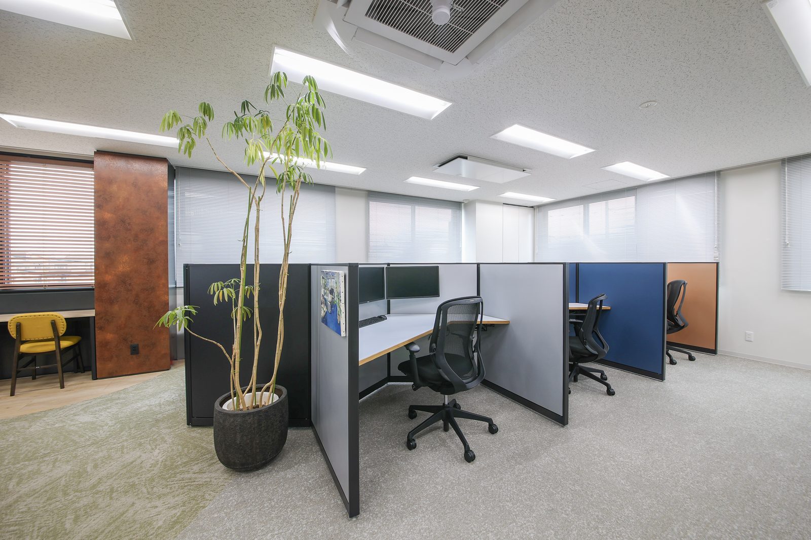 植栽とパーティションで囲われた集中ワークブース