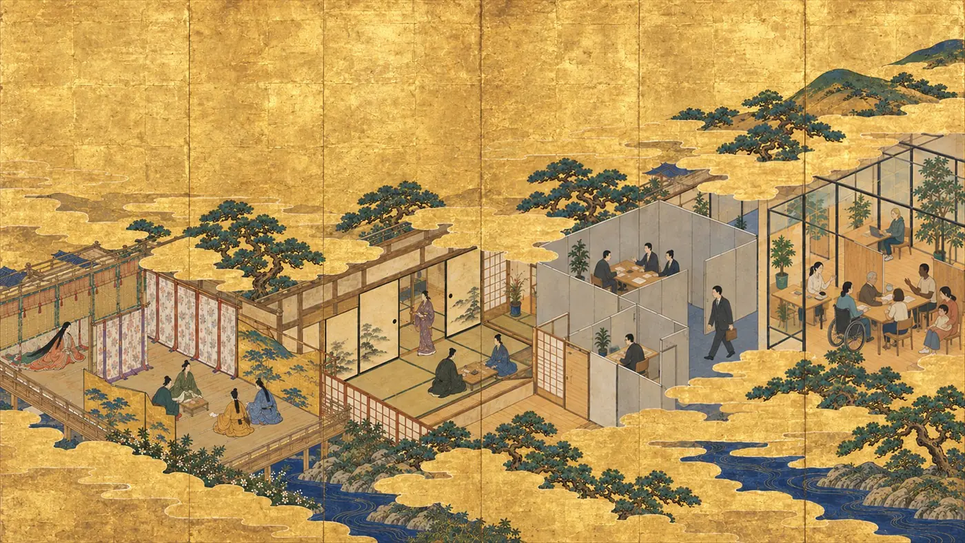 屏風の絵。平安の屋敷から今のオフィスまで、間仕切りのある暮らしを一枚に描いたもの